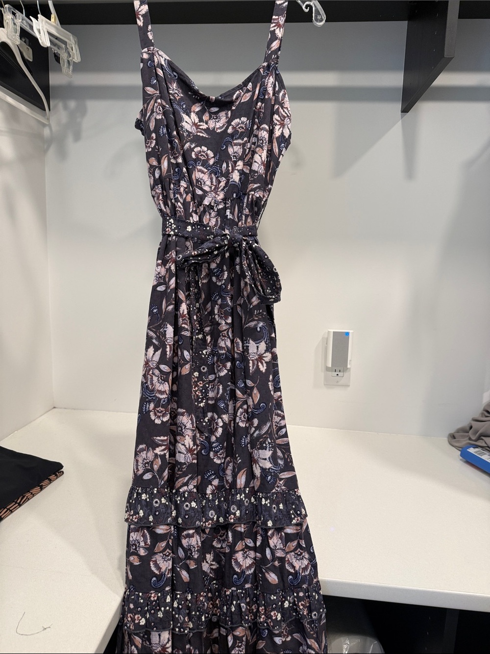 Floral Spaghetti-Strap Maxi Dress in Blue-grey and Blush